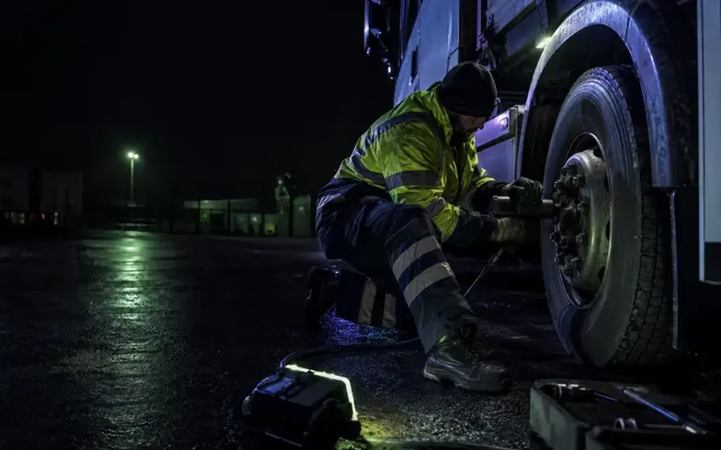 Commercial tyre technician at the rear wheels of an articulated vehicle