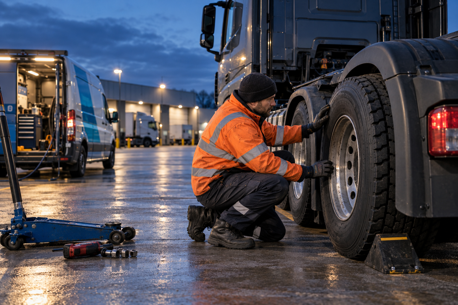 Commercial tyre fitter inspecting a dark HGV rear wheel in a depot beside an unbranded service van at dusk