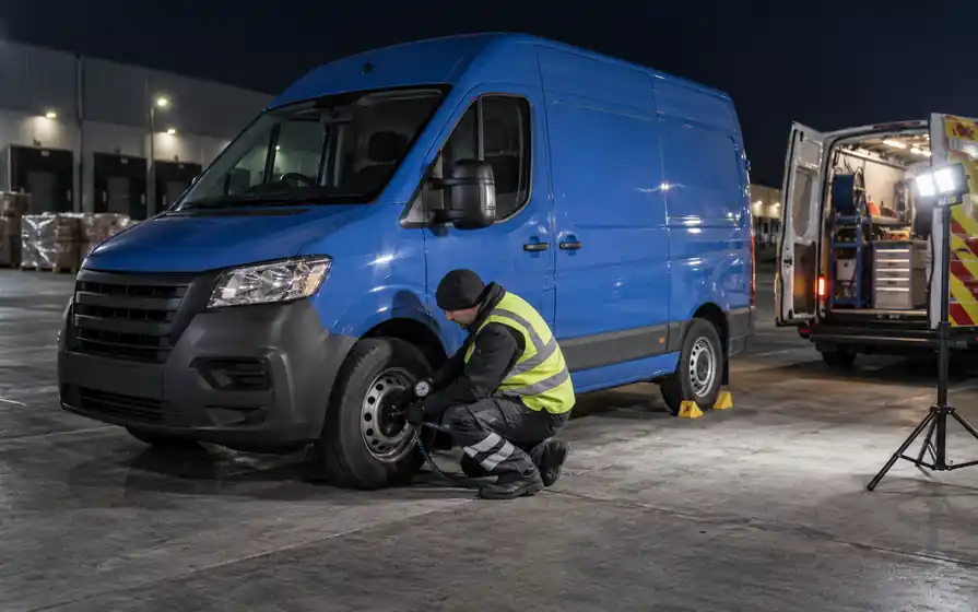 Technician checking a blue van tyre under a work light at night.