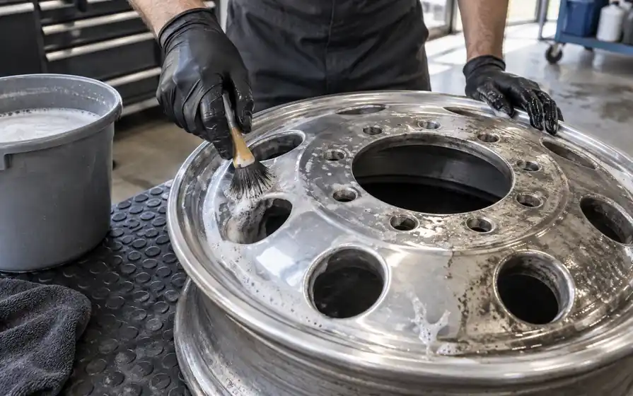 Gloved technician cleans a commercial aluminium wheel with a soft brush and soapy water.