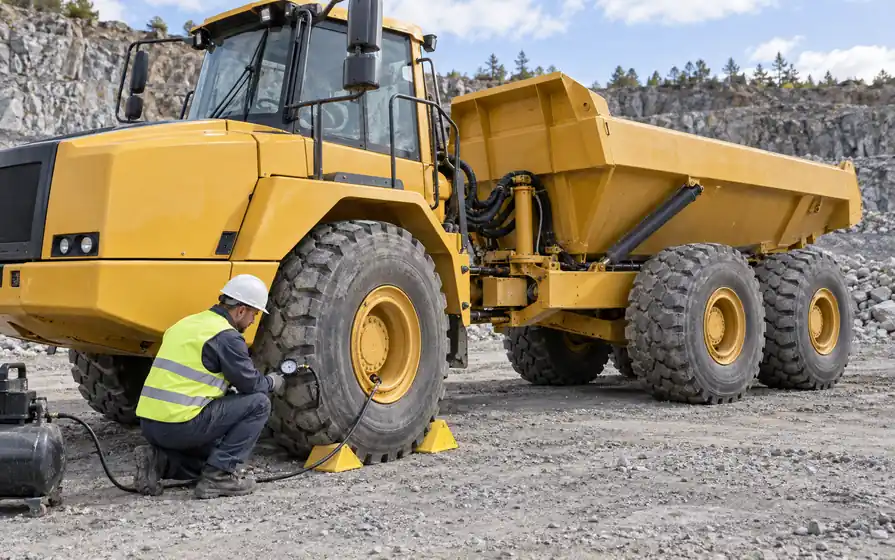 Technician checking tyre pressure on a six-wheel articulated dump truck with its central pivot and hydraulic hoses visible.