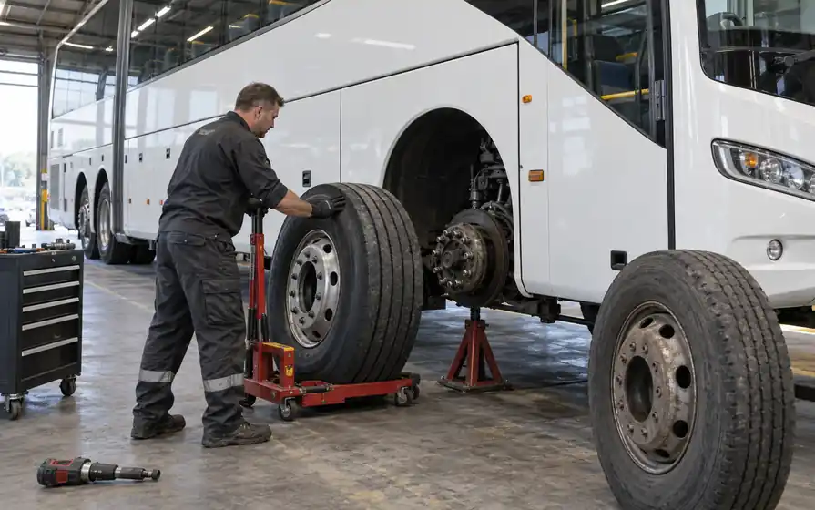 Mechanic guiding a coach wheel on a hydraulic trolley toward a supported front hub, beside another removed wheel.