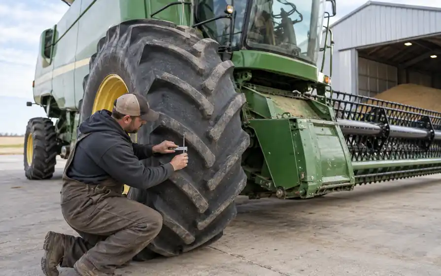 Technician measuring deep lug tread on the front tyre of a combine harvester beside its header.