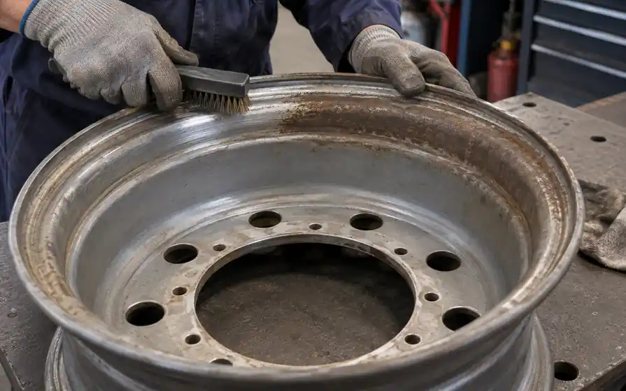 Technician wire-brushes surface corrosion from the bead sealing seat of a bare steel truck rim.