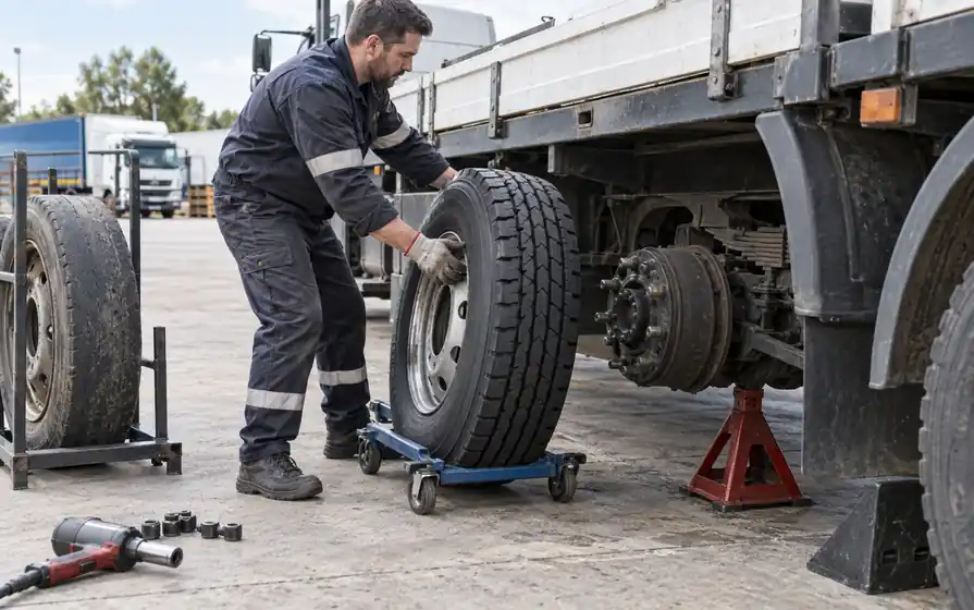 Mechanic guiding a new commercial truck wheel on a trolley toward an exposed hub, with the worn wheel in a rack.