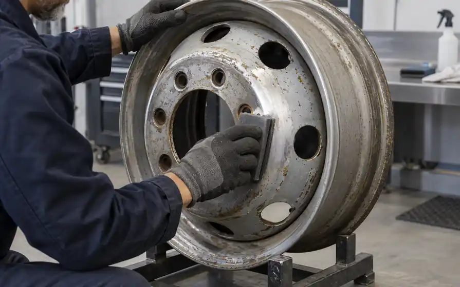 Technician sands old paint and light corrosion from a bare commercial steel wheel secured on a stand.