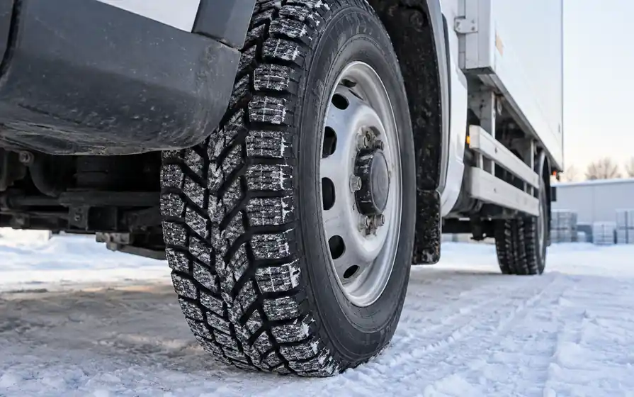 Commercial truck winter tyre with deep tread and fine sipes on snowy depot ground.