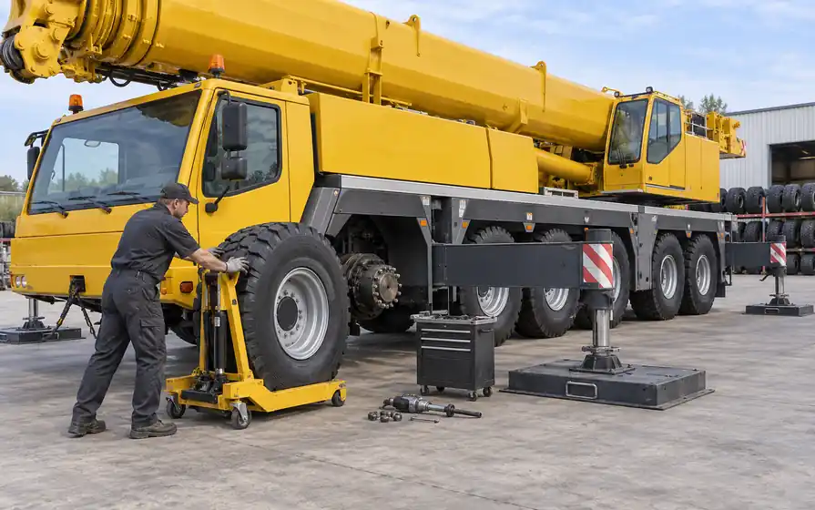 Technician guiding a crane tyre on a hydraulic trolley toward an exposed wheel hub of a yellow telescopic crane.