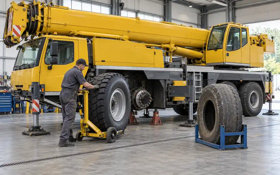 Technician replacing a mobile crane wheel with a new tyre assembly while a worn removed tyre rests in a separate cradle.