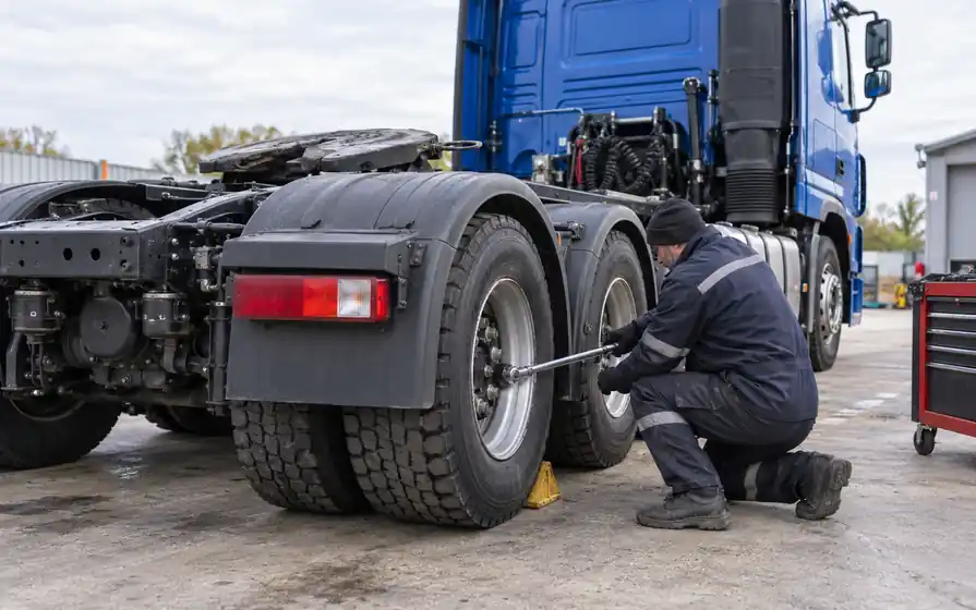 Mechanic tightening a block-tread tyre on a tractor unit’s rear drive axle.