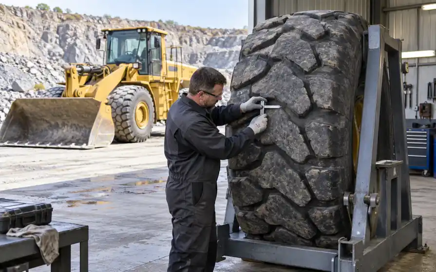 Technician measuring the rugged tread of a large earthmover tyre secured in a cradle, with a wheel loader behind.