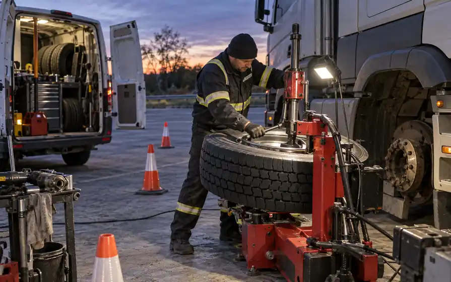 Technician fitting a truck tyre with a portable tyre mounting machine in a protected layby at dusk.