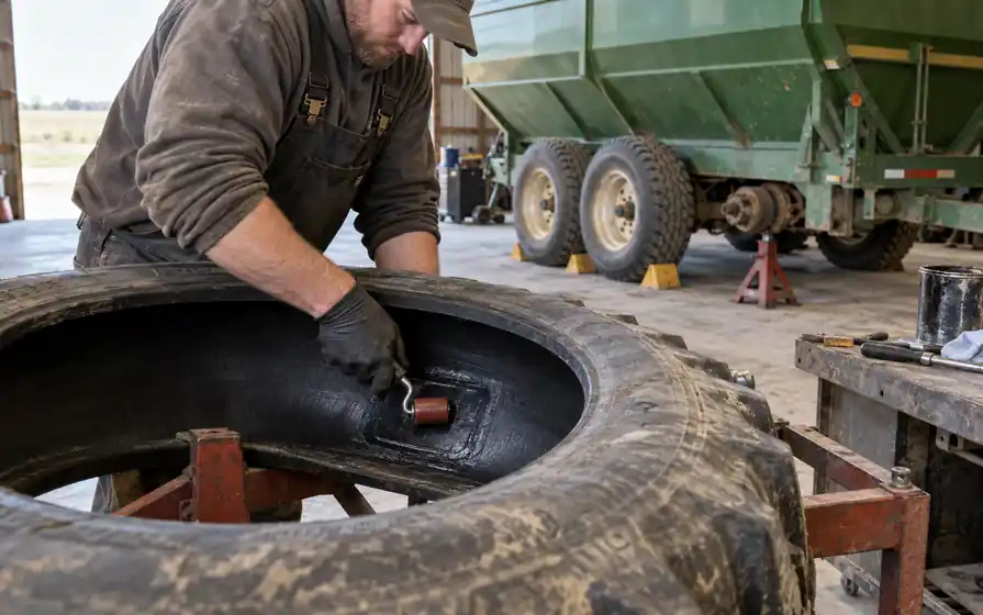 Technician rolling an internal repair patch onto a farm trailer tyre held on a workshop stand.