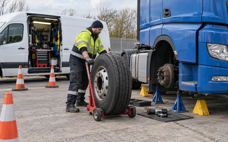Mobile tyre technician positioning a wheel trolley beside the exposed hub of a supported blue lorry, with service van and cones.