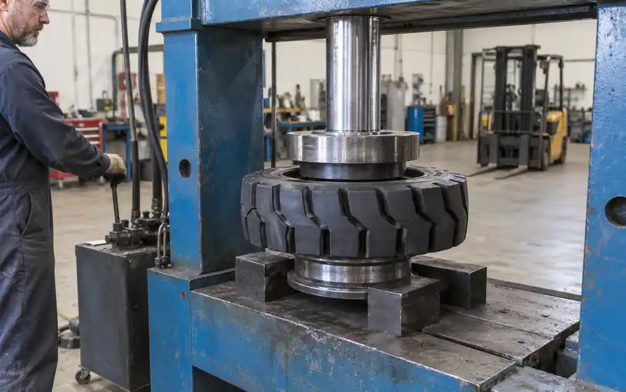 Operator using an industrial hydraulic press with circular tooling to press a solid forklift tyre onto its wheel in a workshop.