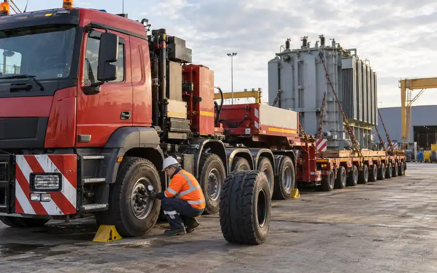 Technician inspecting a heavy-haulage tyre beside a transformer transport rig.