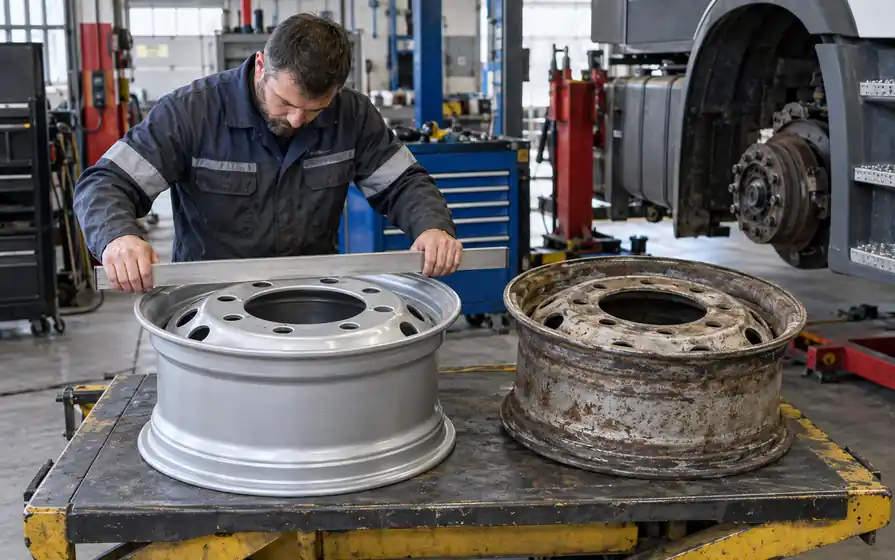 Technician lays a straightedge across a new HGV rim beside a corroded rim on a work platform.