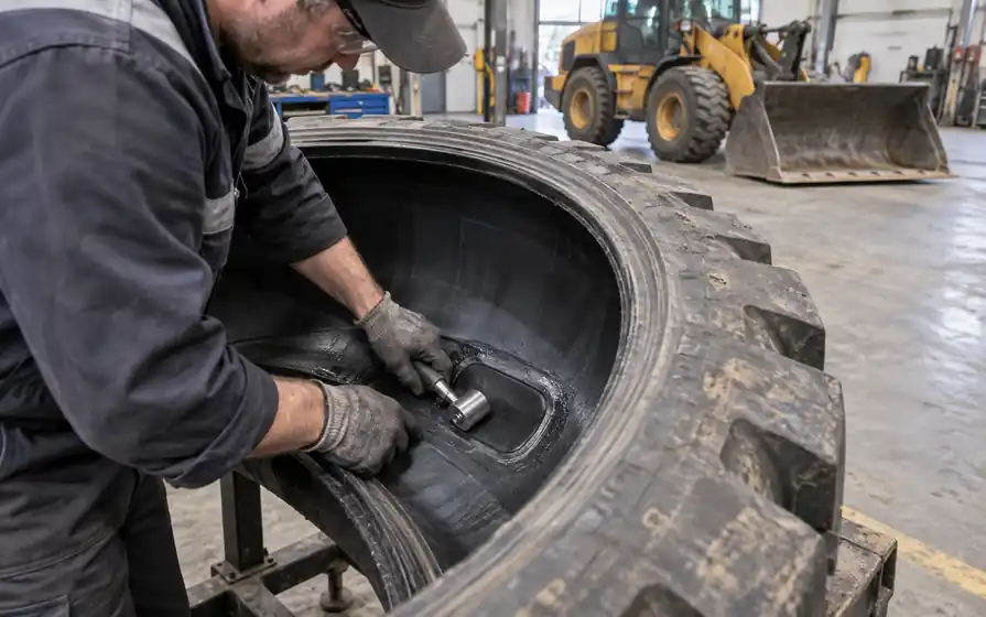 Technician rolling an internal repair patch into a pneumatic industrial tyre with a loader behind.