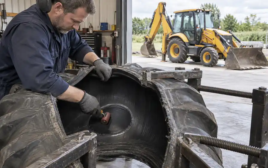 Technician rolling an internal patch inside a backhoe tyre on a spreader, with a yellow-and-black backhoe loader outside.