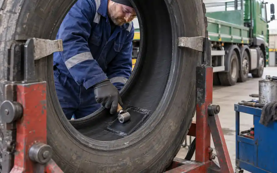 Technician pressing an internal patch inside a lorry tyre on a spreader, with a green dropside lorry behind.