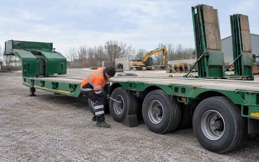 Technician tightening a tyre on a low-loader trailer with a dropped deck and ramps.