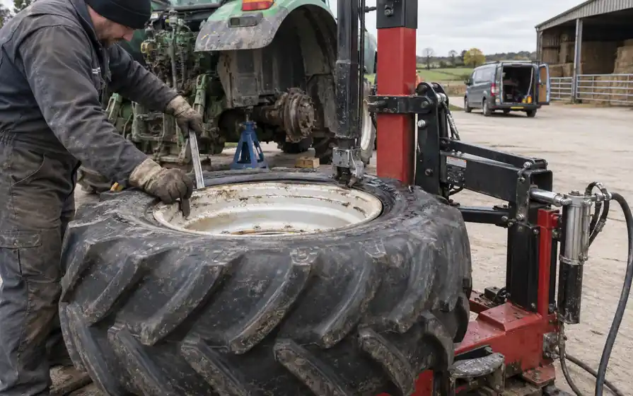 Mobile fitter working a large tractor tyre bead on portable fitting equipment in a farmyard.