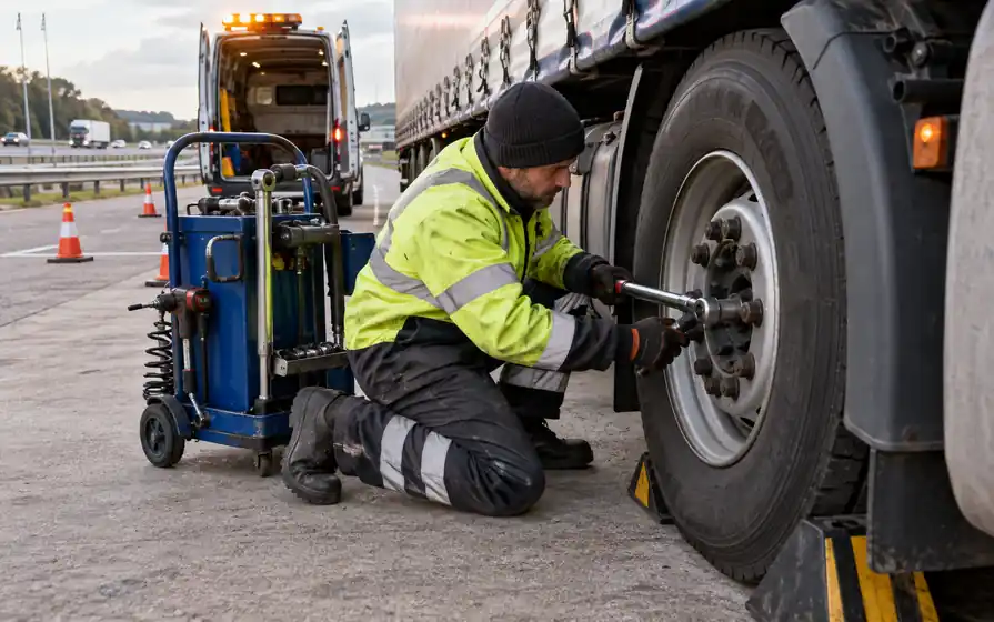 Tyre technician using a torque wrench on a lorry wheel in a coned refuge beside the motorway.