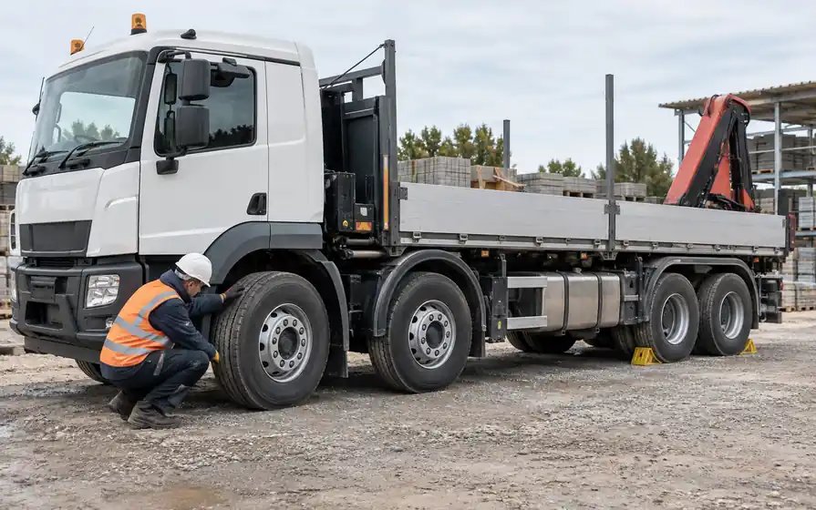 Technician inspecting a tyre on a four-axle rigid construction truck.