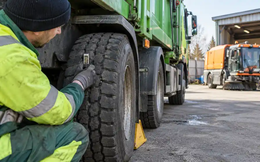 Technician holding a tread gauge against a refuse truck tyre with an orange street sweeper behind.