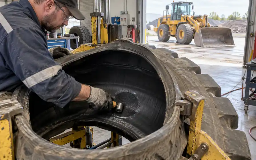 Technician rolling an internal repair patch inside a construction tyre held open on a spreader, with a wheel loader outside.