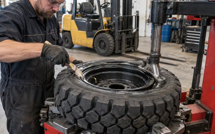 Mechanic applying lubricant to the bead of a pneumatic forklift tyre on a tyre fitting machine, with the rim valve visible.