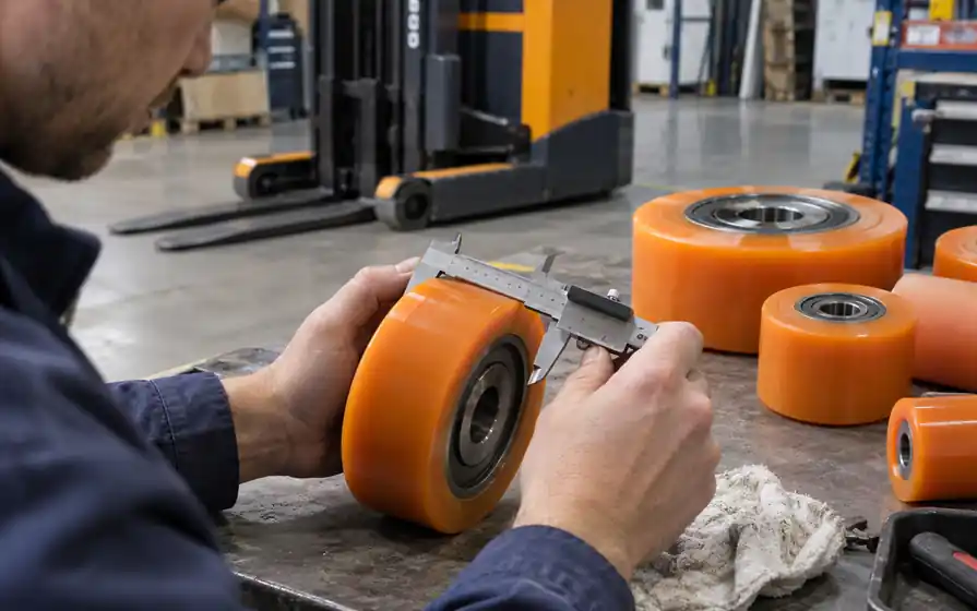 Technician using a caliper to inspect an orange polyurethane industrial wheel beside several polyurethane rollers on a workshop bench.