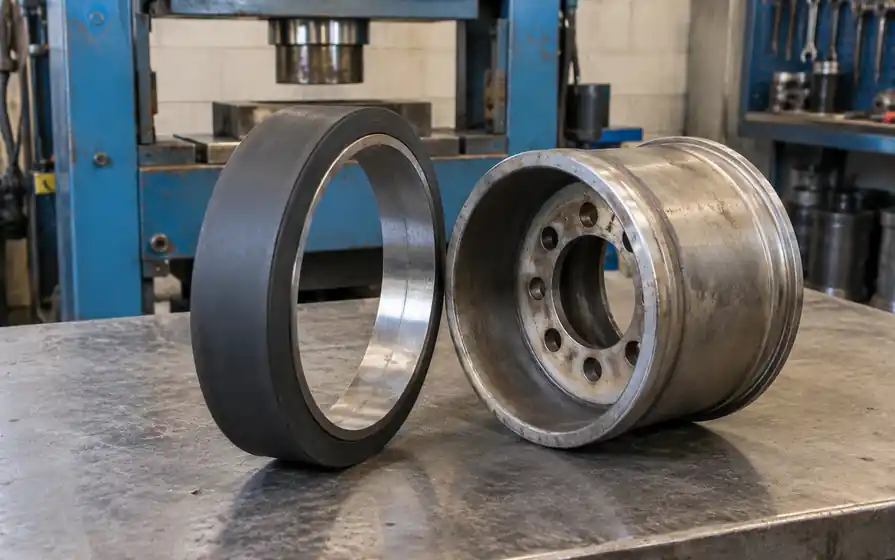 Press-on rubber tyre with a visible steel inner band beside a bare industrial wheel.