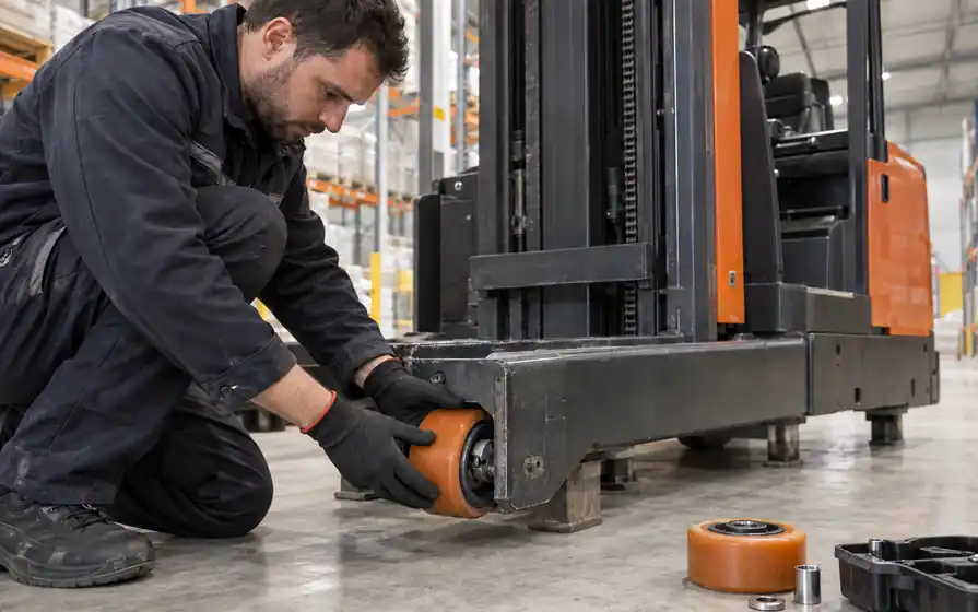Mechanic guiding and checking an orange polyurethane load roller in the supported outrigger of a warehouse reach truck.