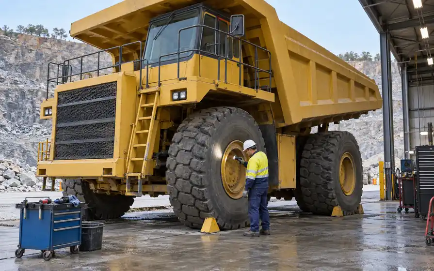 Technician shining a torch onto the front tyre sidewall of a large rigid-frame mining dump truck.