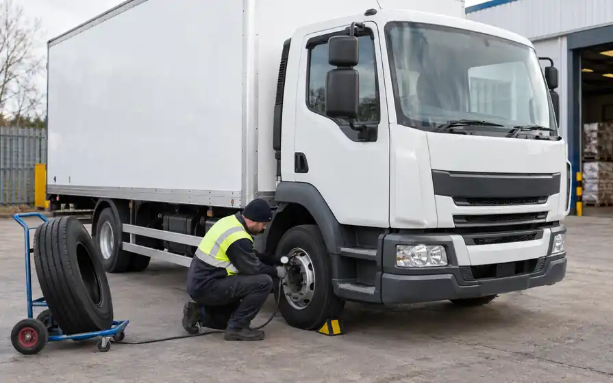 Mechanic checking the front tyre of a two-axle rigid delivery truck.