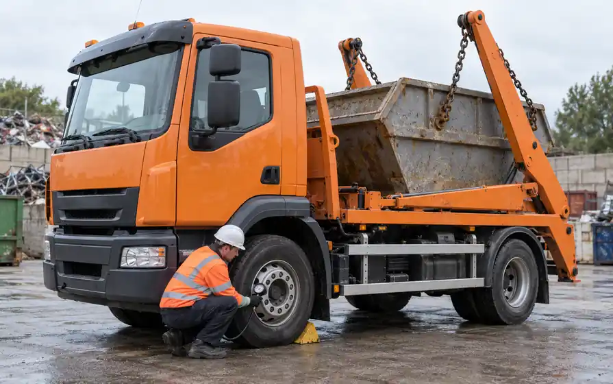 Technician checking a tyre on an orange skip-loader lorry.