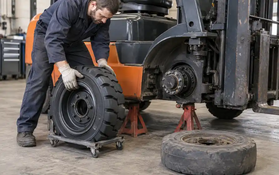 Replacement solid forklift wheel on a dolly beside a supported forklift's exposed wheel hub.