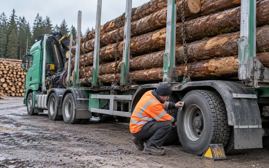 Tyre technician inspecting a timber truck carrying secured logs.