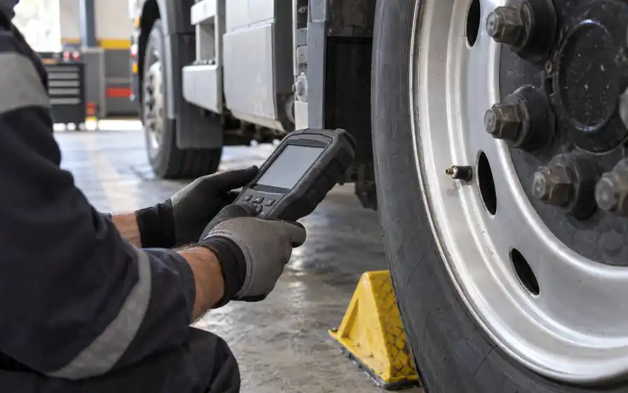 Technician operates a wireless TPMS programming tool beside the valve of a chocked truck wheel.