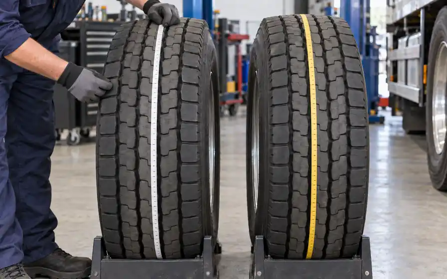 Matching truck tyres stand in cradles with measuring tapes wrapped along their rolling circumference.