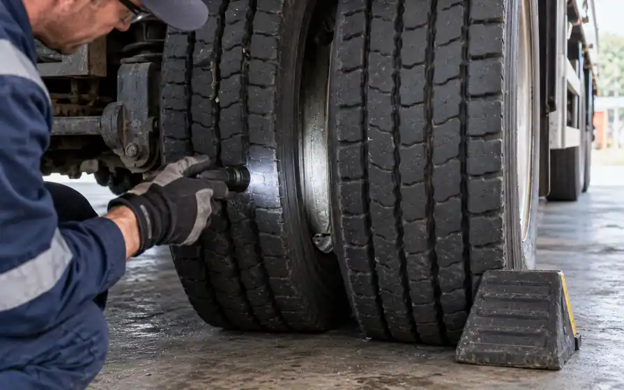 Technician illuminates the shoulders and gap of twin fitted truck tyres with an inspection torch.