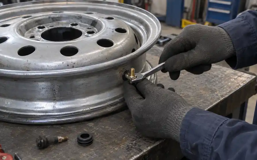 Mechanic fitting a metal tyre valve into a bare steel wheel rim with a spanner.