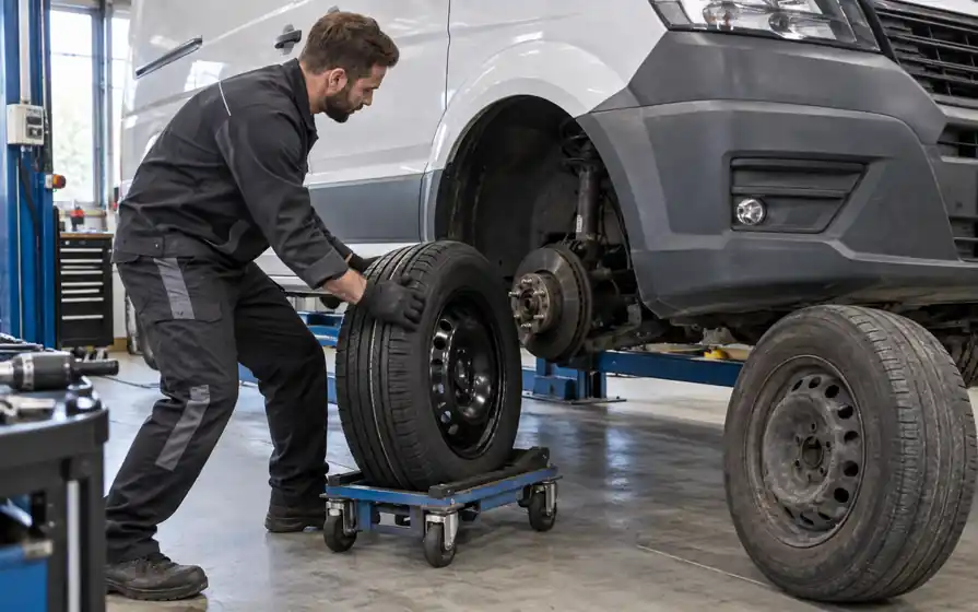 Mechanic guiding a new steel wheel toward a raised van's exposed front hub, with the old wheel nearby.