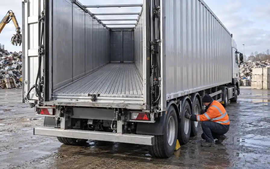 Tyre inspection beside an empty walking-floor trailer with its slatted deck visible.