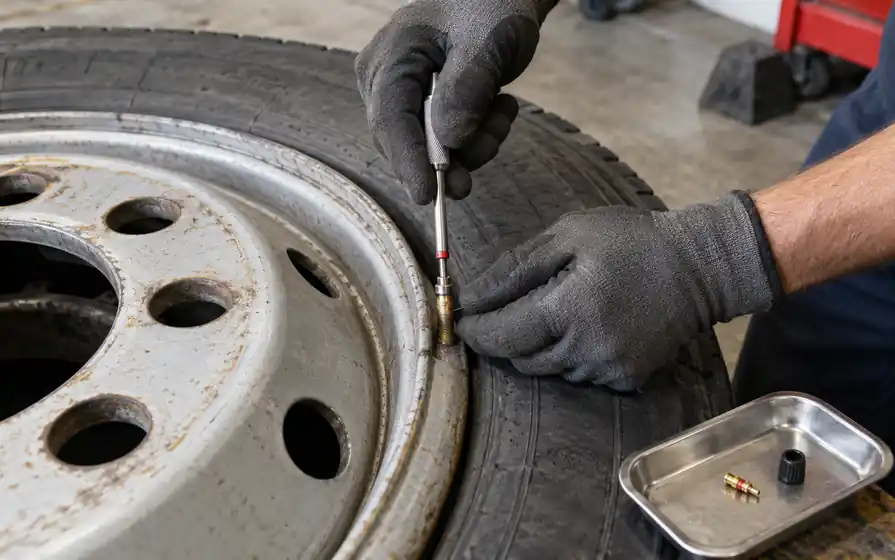 Technician uses a valve core tool on a commercial wheel valve, with a replacement core and cap on a tray.